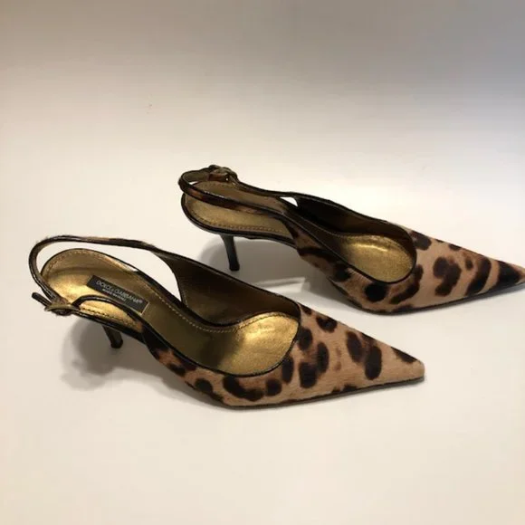 Dolce & Gabbana Sz 38 Vintage Vero Cuoio Leopard Pointed Toe 3” Slingback Pumps - Picture 8 of 16